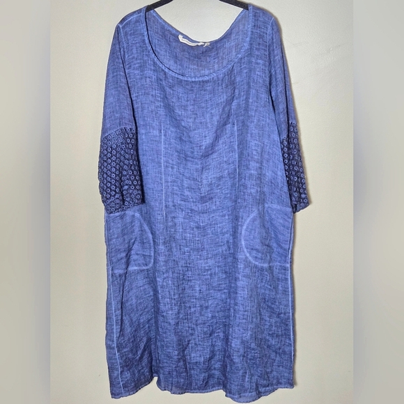Soft Surroundings Linen Crochet Sleeve Coastal Chic Elevated Basic Dress, Large - Picture 1 of 3